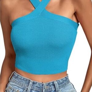 Sincerely Jules Blue Ribbed Backless Crop Tank Top